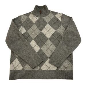 J. Crew Premiun Lambswool Sweater Mens Size M Gray Argyle Pullover Mock 1/4 Zip